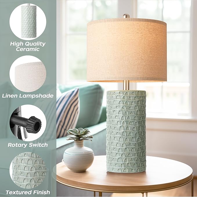 PARTPHONER 23" Modern Ceramic Table Lamp Set of 2, Table Lamps for Living Room, Rustic Farmhouse Bedside Lamps Nightstand lamp for Bedroom, Desk Lamp for End Table Home Decor Light Green