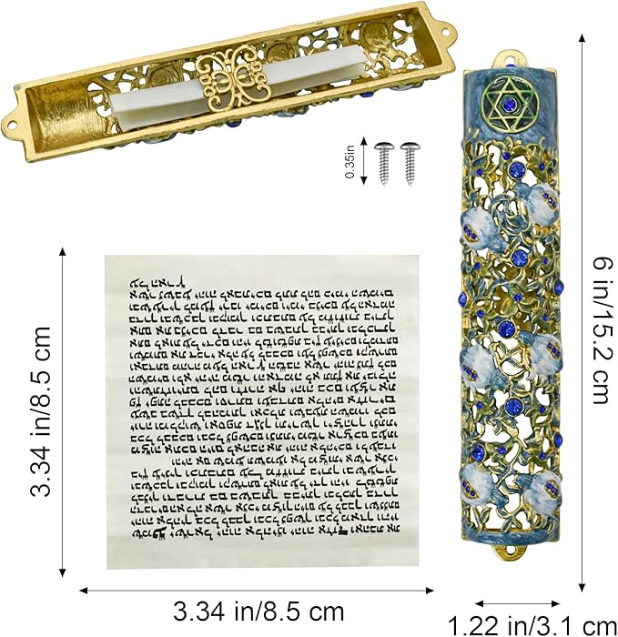 Mezuzah with Scroll for Door, Enamel&Zinc Alloy Blessing Mezuzah Case for Door, Colored Painted Mezuzha Scroll Kosher for Jewish Gifts/Jewish Decor, Christmas (White and Blue, 1.22x5.98 in)
