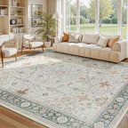Lessymo Washable Area Rug 9x12 for Living Room, Cream Green Large Rugs for Bedroom Dining Nursery Room, Soft Non-Slip Vintage Floral Oushak Carpet, Boho Tribal Farmhouse Decor
