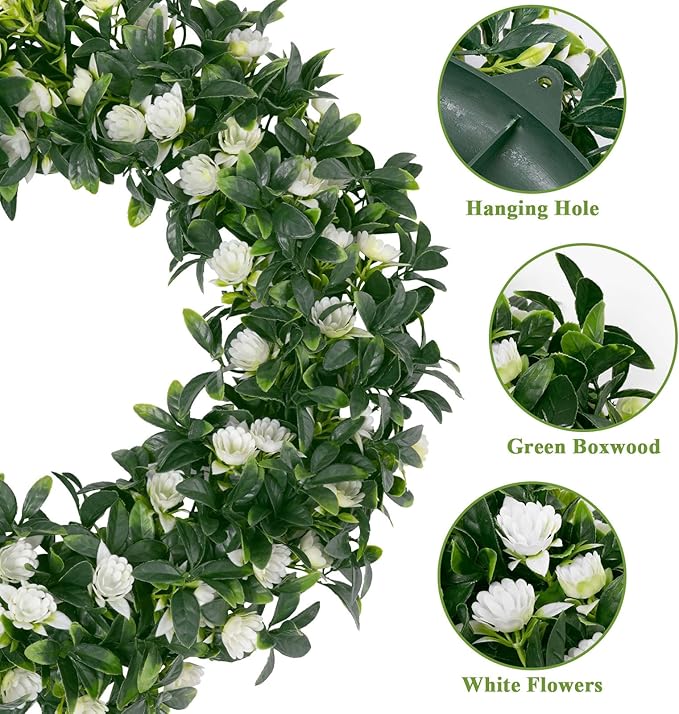 SHACOS Greenery Wreath 15" Artificial Front Door Wreaths Green Wreath with White Flowers for Home Wall Window Farmhouse Decoration 100% Plastic Indoor Outdoor