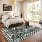 Vintage Floral with Ornate Border Washable 5x7 Area Rug, Soft Low Pile Carpet for Living Room, Dining Room Under Table, Bedroom | Non-Slip, Stain Resistant & Durable