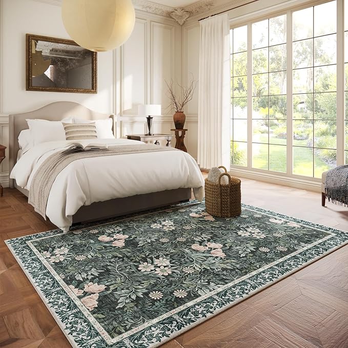 Vintage Floral with Ornate Border Washable 5x7 Area Rug, Soft Low Pile Carpet for Living Room, Dining Room Under Table, Bedroom | Non-Slip, Stain Resistant & Durable