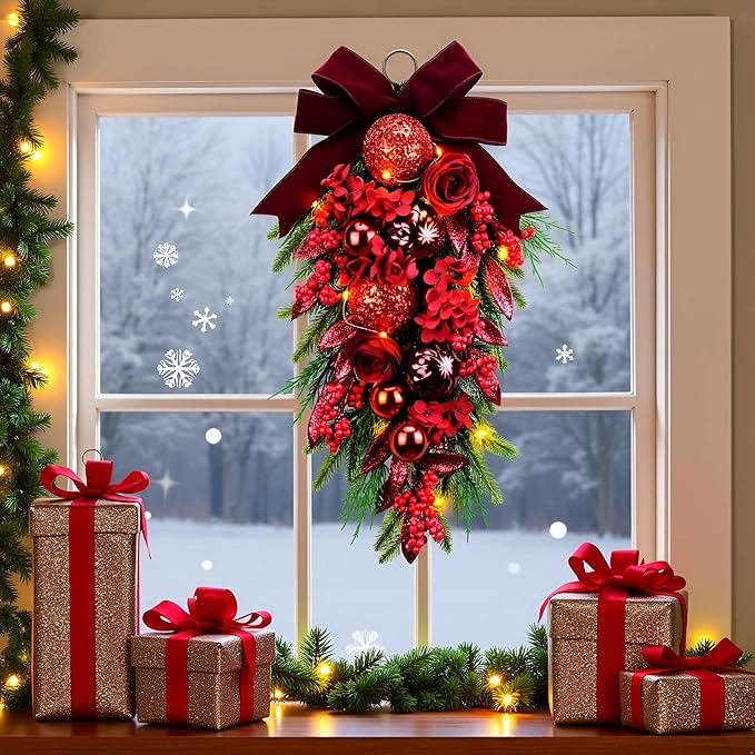 24" Decorative Teardrop Swag, Artificial Christmas Swag with Red Hydrangea & Baubles, Purple Bowknot, Red Berries, Sparkling Leaves, Pine Needles