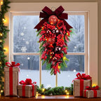 24" Decorative Teardrop Swag, Artificial Christmas Swag with Red Hydrangea & Baubles, Purple Bowknot, Red Berries, Sparkling Leaves, Pine Needles