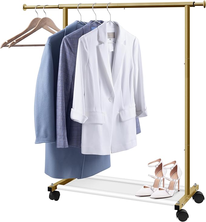 MISSLO Short Clothing Racks for Hanging Clothes with Bottom Shelves and Wheels Heavy Duty Rolling Clothes Rack Kids Clothing Rack for Adult Coat, Closet, Wardrobe (Gold)