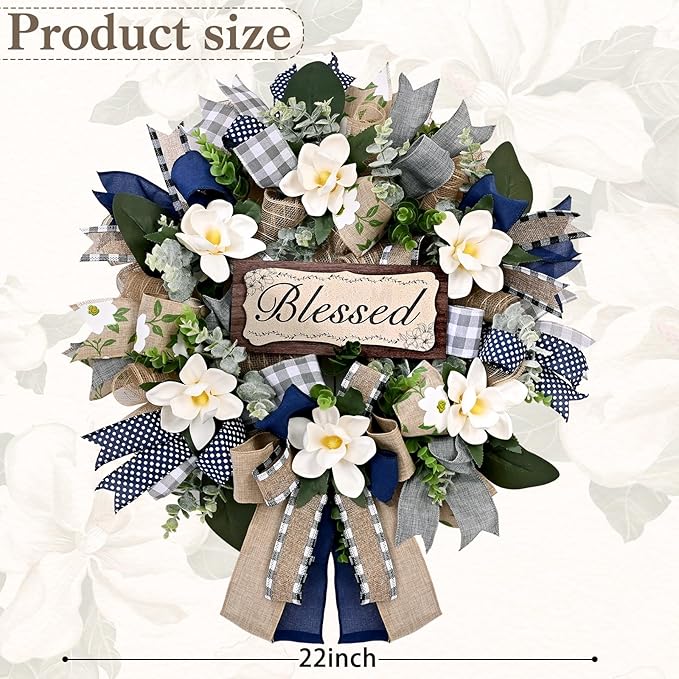 Waipfaru Magnolia Wreaths for Front Door, 22 Inch Spring Summer Wreath with Eucalyptus & Blue Grey Burlap Bow, Year Round Wreaths for Porch Farmhouse Patio Door Decor All Season (2 Pcs)