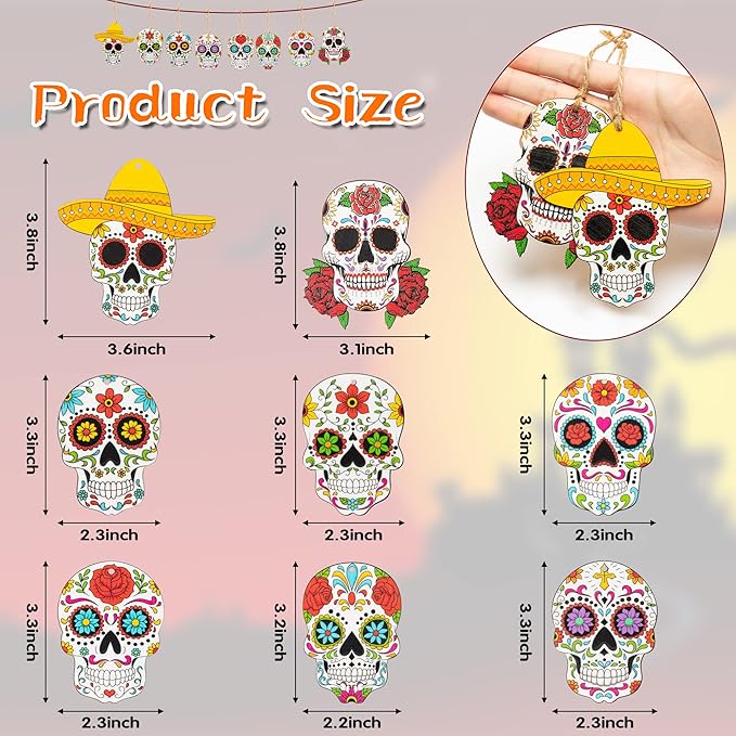 Haooryx Halloween Day of the Dead Ghost Wooden Hanging Ornaments - 25Pcs Sugar Skulls Wood Pendent Decoration Mexican Fiesta Dia de Los Muertos Skull Skeleton Tag for Tree Halloween Party Favor Supply