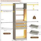 Closet System, 4-8FT Closet Organizer with 3 Wood Drawers & Glass Top, 102'' Walk in Closet with 5 Hang Rods & LED Lights & Trouser Rack, Built-in Wardrobe Clothes Rack with Shelves & Tower,White Oak
