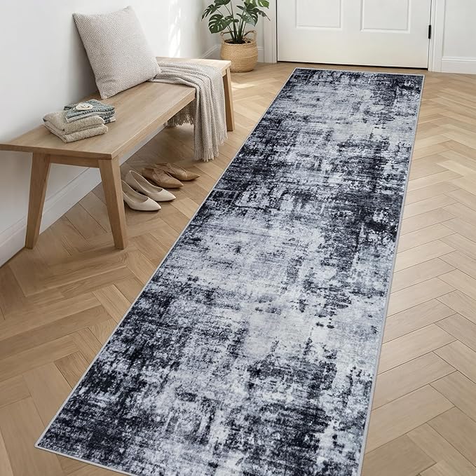 Washable Area Rug 3x14 Entryway Rug: Washable Modern Abstract Soft Thin Rug Indoor Floor No Slip Stain Resistant Carpet for Bedroom Dining Room Farmhouse Nursery Home Office - Dark Black