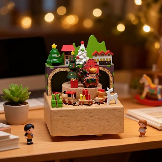 Natural Solid Wood Handcrafted Beech Wooden, Musical FigureTotoro/Carousel/Fairy/Ballerina Figurine,Rotating Hand Crank Mechanism Music Box,Musical Decorations (Christmas and Pony)
