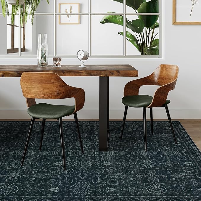 Lahome Washable Black Living Room Rug 6x9,Boho Dining Room Rugs for Under Table,Soft Stain Resistant Thin Carpets for Office Decor,Vintage Dark Carpet for Bedroom