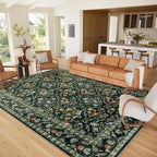 Vintage Botanical Dark Green Area Rug 9x12 Elegant Floral Pattern, Durable Stain-Resistant Fabric, Perfect for Living Room, Bedroom, Dining Room Decor