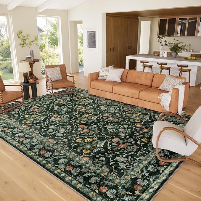 Vintage Botanical Dark Green Area Rug 9x12 Elegant Floral Pattern, Durable Stain-Resistant Fabric, Perfect for Living Room, Bedroom, Dining Room Decor