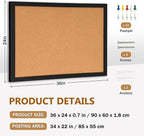 DOLLAR BOSS Cork Board for Wall 36" x 24" Bulletin Board for Wall with Black Wood Frame, Picture Display Pin Broad Vision Board for Office Home School Room Decorative Hanging 10 Pushpins