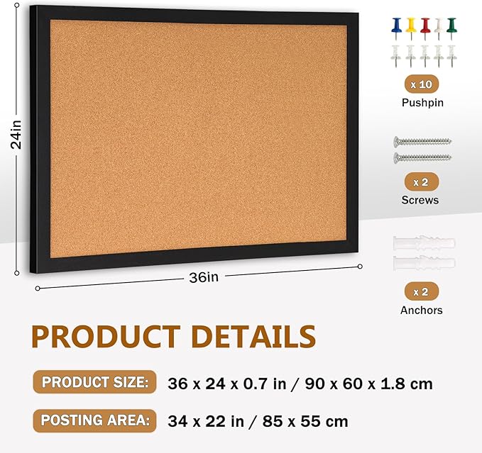 DOLLAR BOSS Cork Board for Wall 36" x 24" Bulletin Board for Wall with Black Wood Frame, Picture Display Pin Broad Vision Board for Office Home School Room Decorative Hanging 10 Pushpins