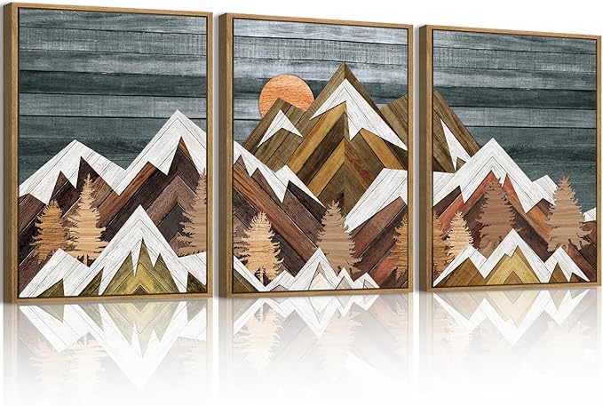 Framed Mountain Wall Art Boho Mountain Wall Decor Modern Nature Artwork 12" Lx16 W Set of 3 Rustic Mountains Wall Pictures Landscape Art Prints Boho Mountain Paintings for Living Room Bedroom Office Farmhouse