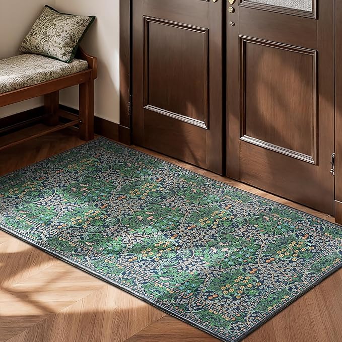 Lessymo 2x4 Small Runners for Kitchen, Washable Entryway Rugs Non-Slip Door Mat Indoor Entrance, Soft Vintage Runner Rugs for Hallways Bathroom Bedroom, Boho Floral Design, Forest Green