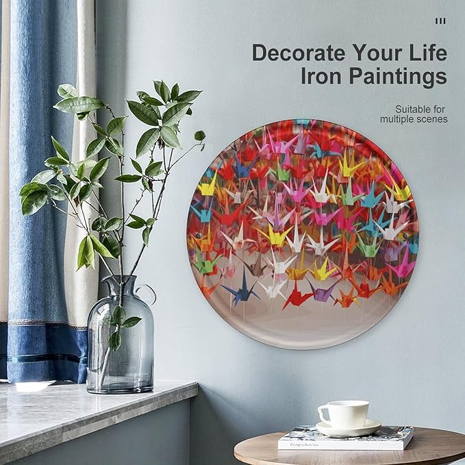 Wall Picture, with Origami Paper Cranes Printed Circular Iron Hanging Picture,Wall Art Decor,Home for Bedroom Living Room Bathroom Decor,Iron Painting 11.8X11.8 in