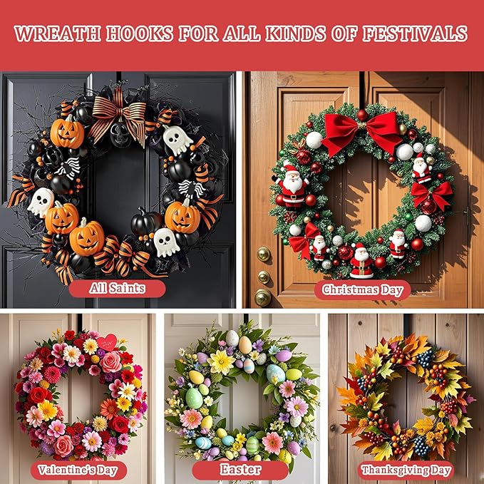 12" Wreath Hangers for Front Door,2 Pack Wreath Door Hanger,Non Scratch Over The Door Hooks Halloween Christmas Easter Decorations Welcome Sign for Front Door Décor, Slim Hangers