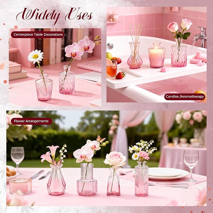 Der Rose Pink Vases Set of 12, Small Bud Vases for Flowers, Rustic Wedding Centerpieces and Home Decor