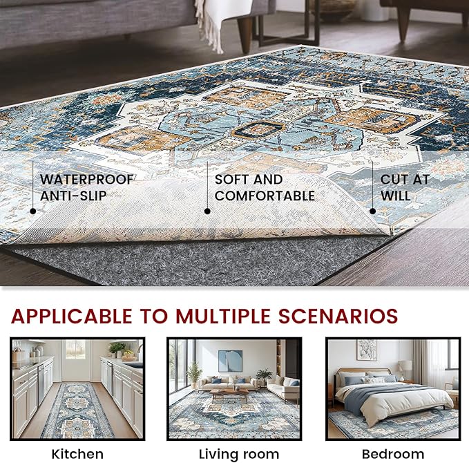 Waterproof Rug Pad, 7x9 ft Area Rug Non-Slip Carpet Pad, 1/4" Thick Non-Slip Rug Pads for All Floors and Finishes, Felt Pad for Hardwood Floors, Keeps Carpets in Place Soft and Safe