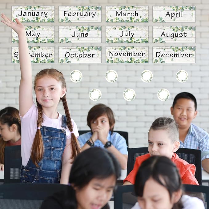 Zonon 48 Pieces Holiday Monthly Headliners Set 12 Months of The Year Headers Seasonal Monthly Bulletin Board Borders with 36 Round Blank Confetti Cutouts(Greenery)
