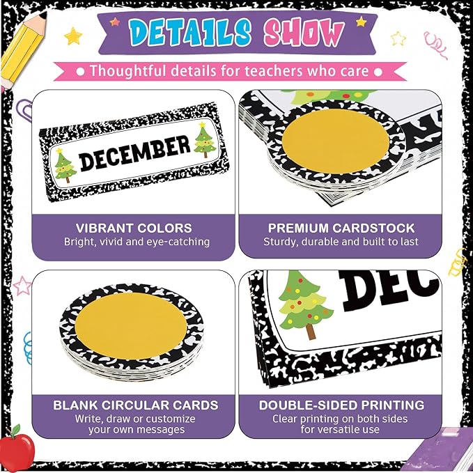 Zonon 48 Pcs Months of the Year Bulletin Board Set 12 Monthly Headliners Holiday Seasonal Monthly Bulletin Board Borders with 36 Round Blank Confetti Cutouts for Classroom (Trendy Style)