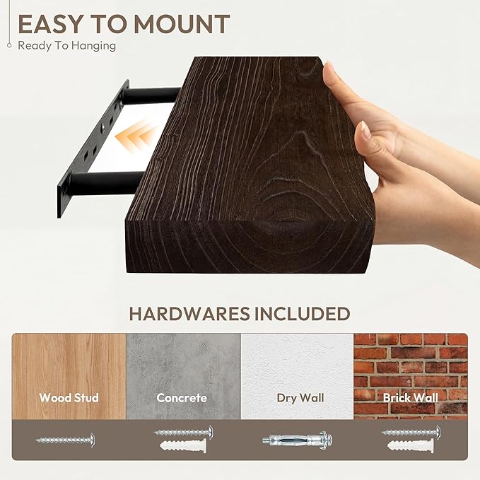 Marsmiles 16 inch Floating Shelves for Wall Elm Wood Live Edge Shelves|Rustic Wall Shelves with Invisible Heavy-Duty Bracket for Bathroom Living Room Kitchen|Walnut, 2 Pack