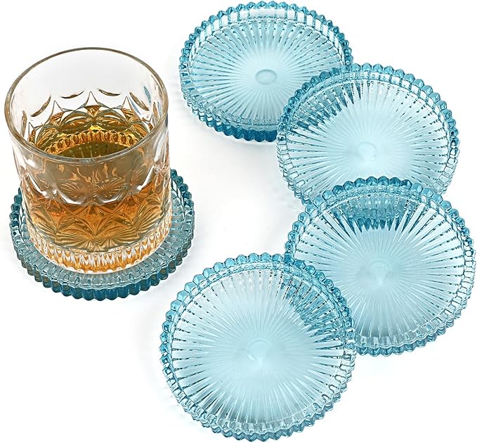 Modern Clear Coaster Set of 5- Glass Coasters for Drinks Crystal Coasters Round Cup Mat Coffee Table Decor for Office, Kitchen, Bar, Dining Room, Living Room, Patio(Clear Blue)