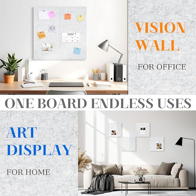 DOLLAR BOSS Felt Cork Board Tiles, 4 Packs 12" x 12" 1/2" Thick Cork Bulletin Board Self Adhesive Acoustic Panels Soundproof Corkboards for Walls with 40 Pushpins for Home Office School, Light Grey