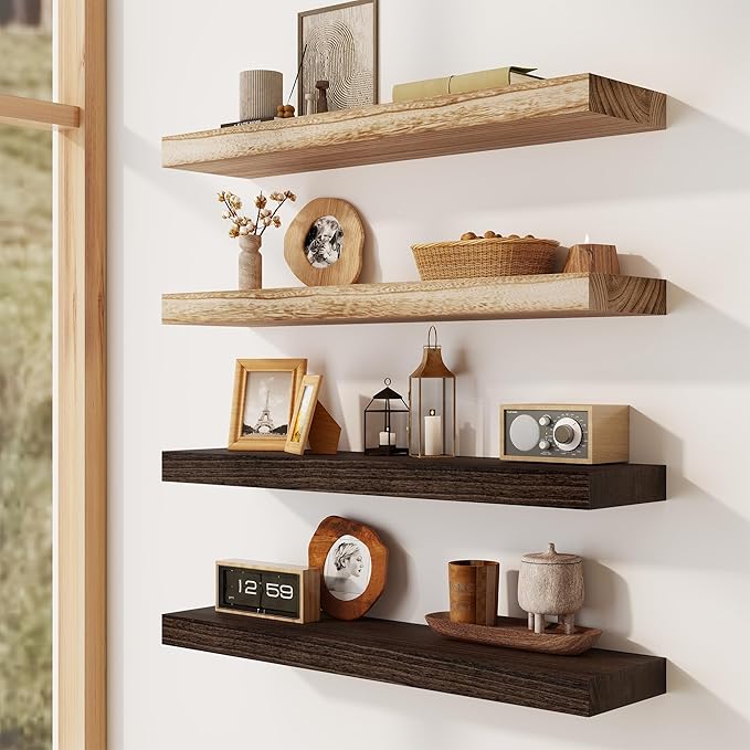 Solid Wood Floating Shelves for Wall 24"W x 8"D x 1.56"H Set of 2, Deep Wall Shelves for Living Room Bedroom Bathroom Kitchen Decor Storage with Invisible Heavy-Duty Metal Bracket, Carbonized Black