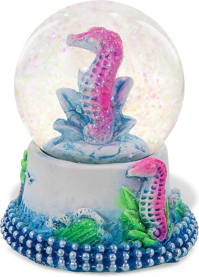 CoTa Global Seahorse Neon Snow Globe Decor - Elegant Pink Sparkle Glitter Inside The Snow Globe Figure, Animal Figurines for Kids and Adults, Collectible Snow Globes for Birthday, Christmas - 45 mm