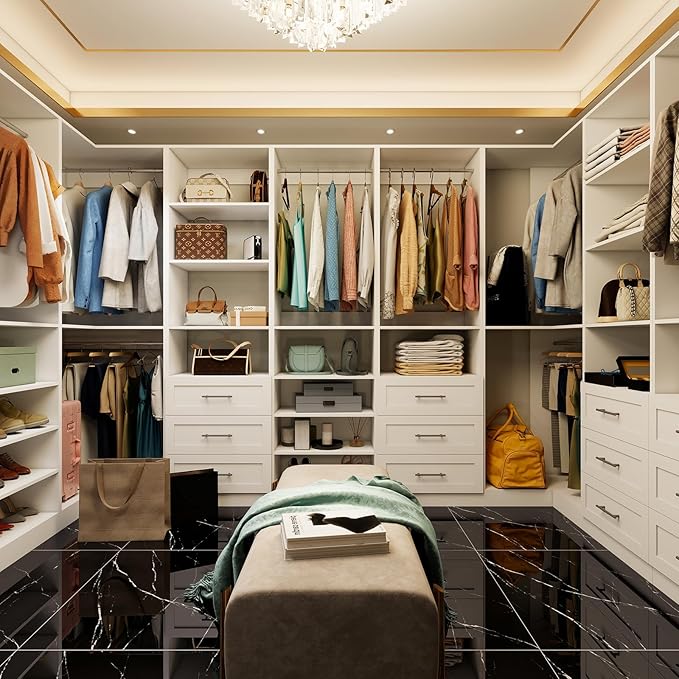 Closet System with 4 sets, 101.9" Closet Organizer Systems with 6 Drawers & 8 Hanging Rods & Adjustable Shelves, Walk in Closet Standing Closet System, Corner Closet System Set, White