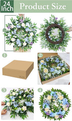 [Lighted & Timer] 24" Spring Summer Wreaths for Front Door Blue Hydrangea Wreath with Lights Butterfly Rose Daisies Artificial Floral Wreath for Home Wall Window Farmhouse Wedding Indoor Outdoor Decor
