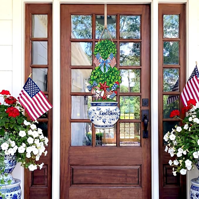 4th of July Large Size Chinoiserie Bonsai Door Hanger Patriotic Topiary Wooden Sign Front Door Home Wreath God Bless America Red White and Blue Ornament for 250 Anniversary Independence Day Yard