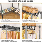 E15 Garment Rack L Shaped Clothes Rack for Corner，Freestanding Clothing Racks for Hanging Clothes，Heavy Duty Closet Organizer with 4 Hanging Rods & 8 S Hooks，43.4" W x 15.8" D x 78.4" H，Grey