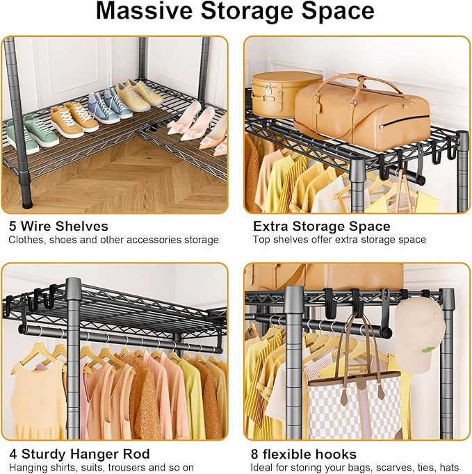 E15 Garment Rack L Shaped Clothes Rack for Corner，Freestanding Clothing Racks for Hanging Clothes，Heavy Duty Closet Organizer with 4 Hanging Rods & 8 S Hooks，43.4" W x 15.8" D x 78.4" H，Grey