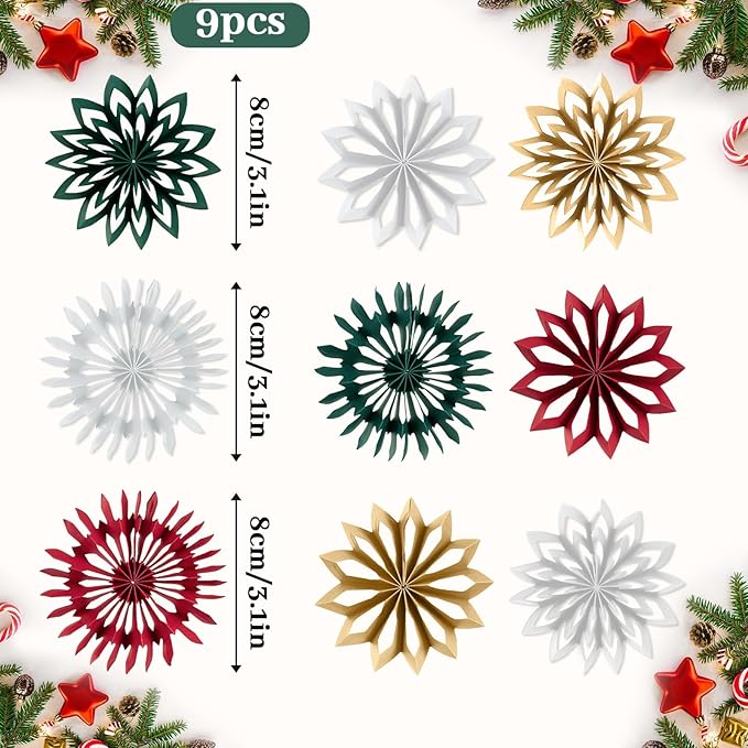 SUNBEAUTY 9PCS Christmas Hanging Decorations, Boho Christmas Decor Hanging Paper Snowflakes Mini Christmas Tree Ornaments for Xmas Tree Window Ceiling Door(Red White Green Brown)