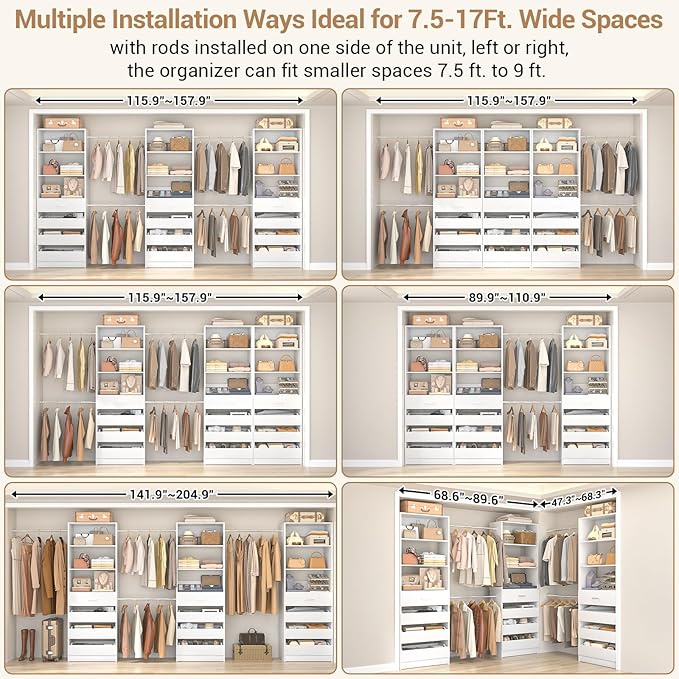Aheaplus Closet System with 12 Drawers, 8.5-11.5Ft Wood Closet Organizer System with 4 Hanging Rods & 3 Towers, 4Ft & 6Ft L-Shaped Walk-in Closets Wardrobe Organizer Clothes Rack, Set of 3, White1