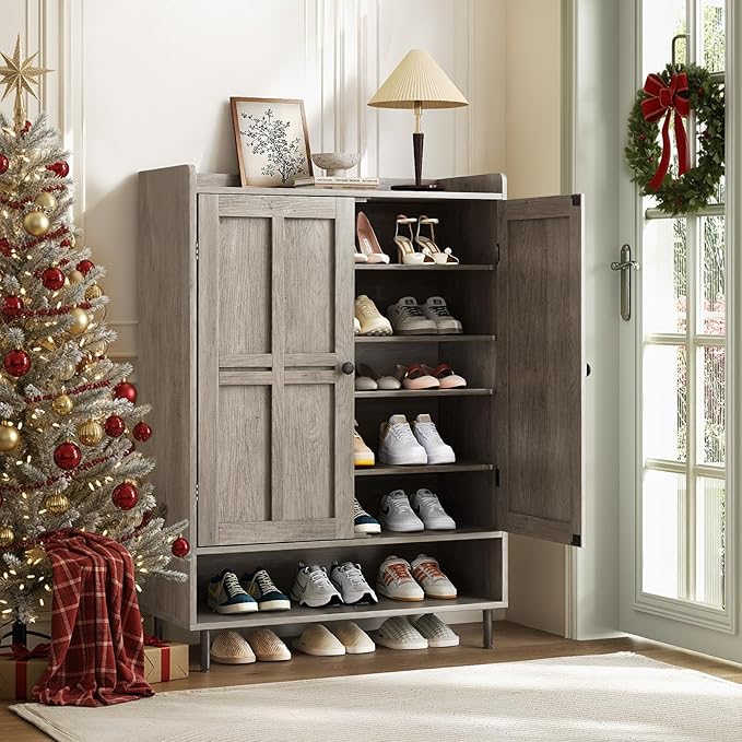 Grey 7+1 Tier Farmhouse Shoe Storage Cabinet - 45" Tall Entryway Organizer with Cross Molding Doors, 3 Adjustable Shelves & Metal Legs, Shoe Rack for Front Door Entrance