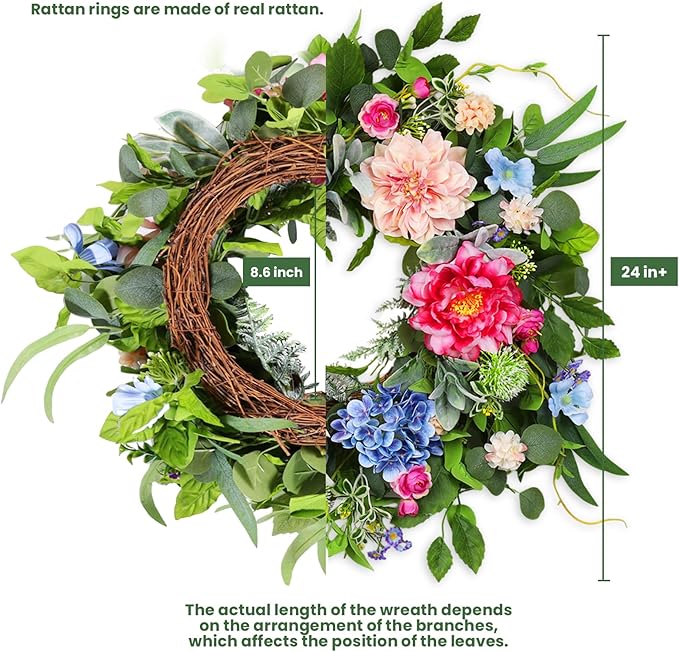 24 Inch Spring Wreaths for Front Door, Artificial Front Door Wreath with Daisy Peony Hydrangea Eucalyptus Green Leaves, Outside Floral Wreath for Home Porch, Home Decor for Indoor Outdoor Window Wall