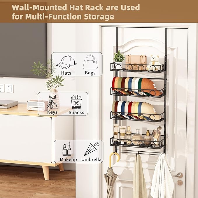 Over Door Hat Organizer 5 Tier Wall Mounted Hat Rack with 4 Adjustable Metal Basket and 3 Hooks Hat Organizer for Baseball caps Hat Hanger Holder Display for Door Closet Cap Organizer Storage