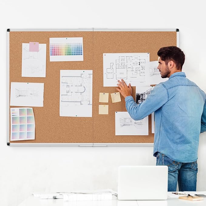 Cork Board Bulletin Board 36 x 48, Silver Aluminium Framed 4x3 Corkboard, Foldable Office Board for Wall, Large Wall Mounted Notice Pin Board with 36 Push Pins for School, Home & Office