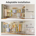 Timate U5 Expandable Wall Mounted Clothes Rack, Walk in Closet, Heavy Duty Industrial Pipe Clothing Rack with 4 Expandable Hanger Rods & 8 Adjustable Shelves, Fits Spaces 8'- 10', Gold