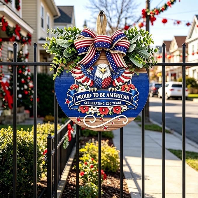 USA 250th Anniversary Patriotic Wreaths for Front Door, 4th of July & Memorial Day Outdoor Patriotic Decorations,12" Wooden Round Sign Decor for Porch, Wall, Window (Color-Proud)
