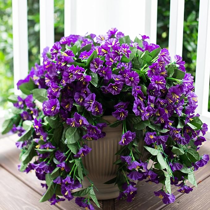 HyeFlora Artificial Fake Hanging Flowers Plants for Outdoor Outside Summer Decoration, 2PCS Faux Silk Morning Glory Purple UV Resistant Look Real Trailing Vines for Home Planter Porch Patio