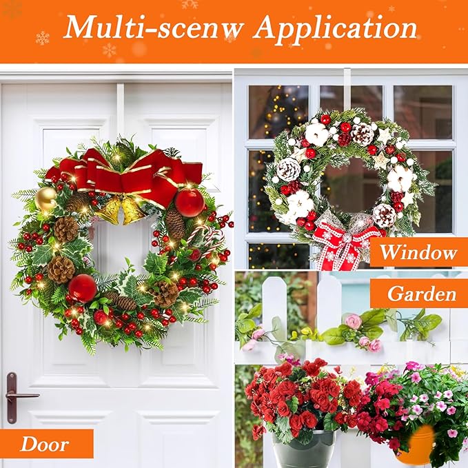 12 in Wreath-Hangers for Front Door,Door-Wreath-Hanger-Clear Over The Door Hooks,2 Pack Non-Scratch-Door-Hanger Hook for Easter Christmas Halloween Fall Wreath Decorations,Welcome Sign for Front Door
