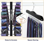 TOPIA HANGER Tie Rack Hanger for Closet 2 Packs, Wooden Tie Organizer for Men with 24 Folding Hooks, Space Saving Necktie Holder for Storage and Display Bra, Tank Top, Camisole (Black) - CT14B-2