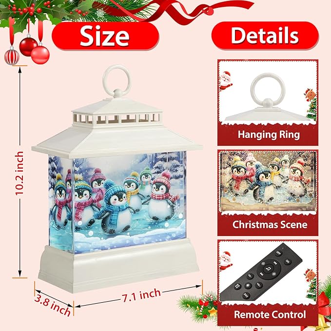 Christmas Snow Globe Lantern Water Glittering Lantern with 8 Songs & 6H Timer Romote Control Christmas Snow Globes USB & Battery Operated for Christmas Festival Decorations Gifts (Penguins)