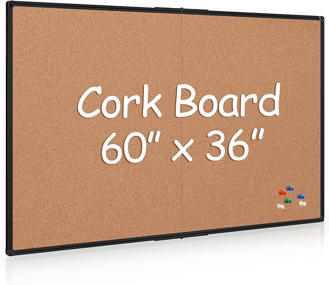 Extra Large Cork Bulletin Board 60" X 36", Foldable Notice Pin Board for Wall, Black Aluminum Framed 5'x3' Corkboard, Wall Mounted Noticeboard with 36 Push Pins for School, Home & Office